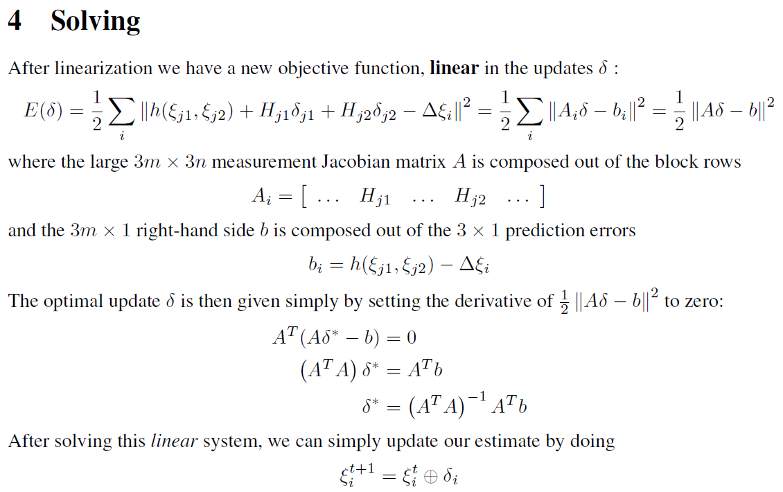GTSAM optimization summary: factor errors, Jacobians, and the update equation.